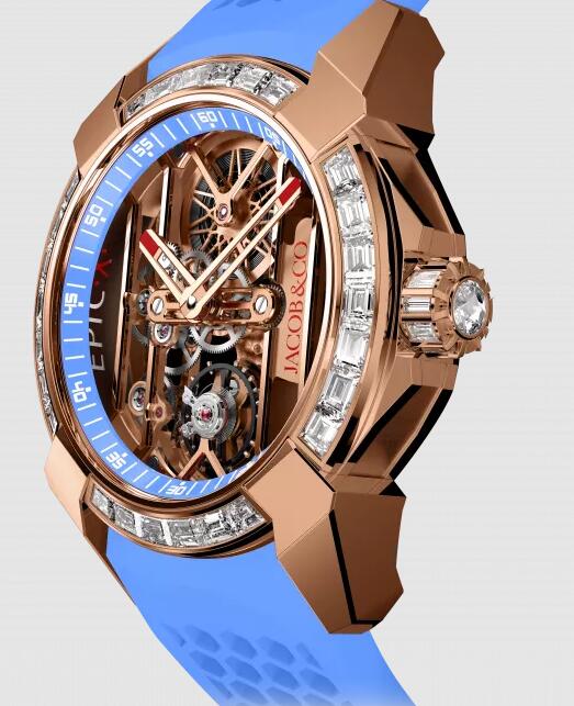 Jacob & Co Replica watch EPIC X ROSE GOLD BAGUETTE (SKY BLUE NEORALITHE INNER RING) EX100.43.BD.AB.ABRUA